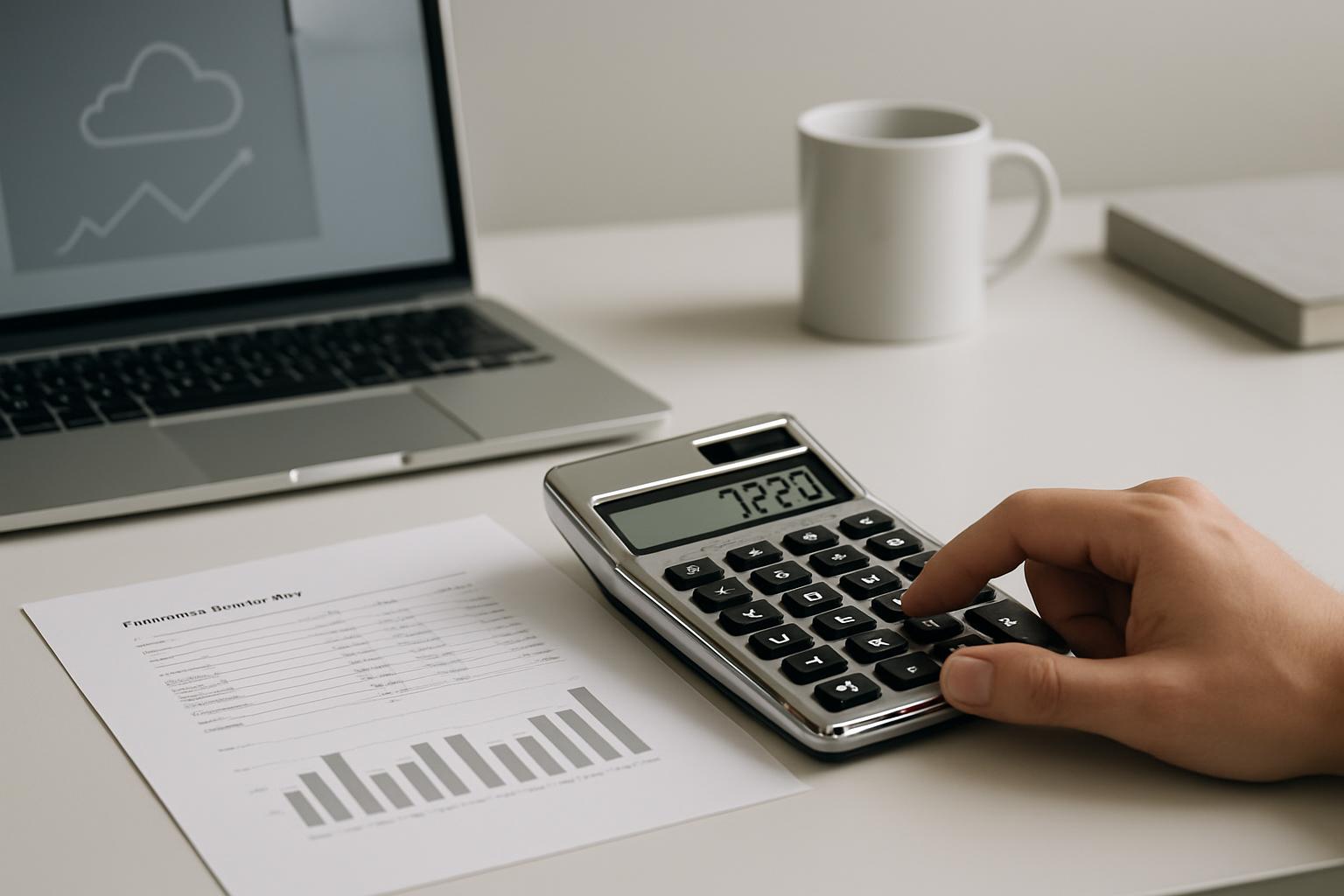 A close-up of an open silver laptop in the background and a person using a silver calculator with a bar graph document in ...