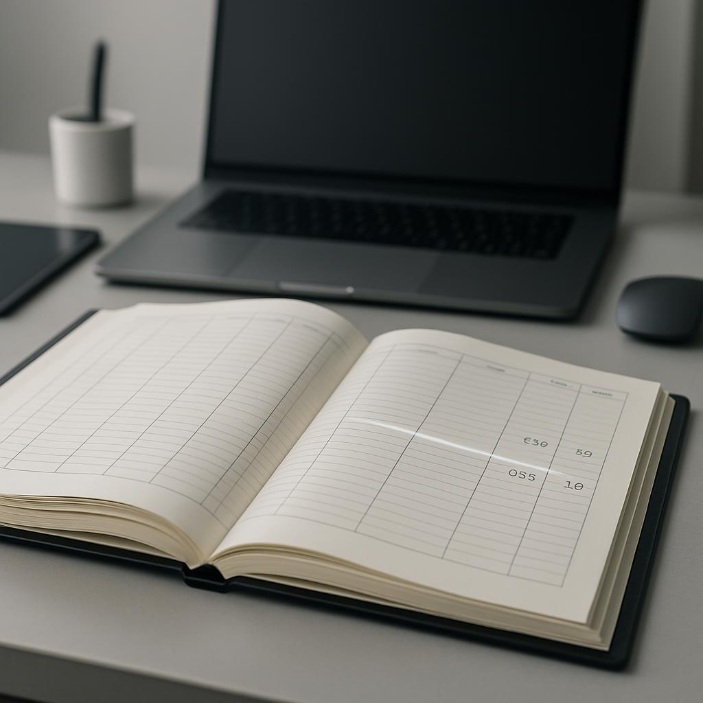 Empty journal with open pages, large lined squares, working as computer accessory on table, black background.
